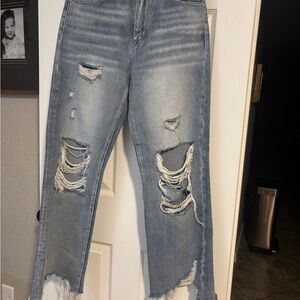 Blue Ankle Cropped Distressed Jeans